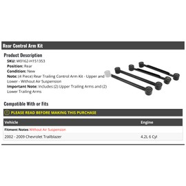 Rear Trailing Control Arm Kit - Upper and Lower - 4 Piece - Compatible with 2002-2009 Chevy Trailblazer 4.2L 6-Cylinder (without Air Suspension)