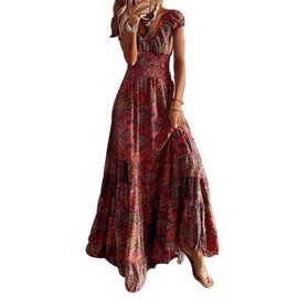 ABYOVRT Summer Dresses Women's Summer Dress Boho Long Dresses Bohemian Flowers Beach Dress V-Neck Casual Dresses Short Sleeve Maxi Dresses, red