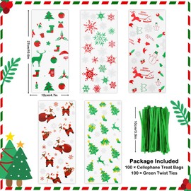 100 Pieces Christmas Cellophane Party Bags, 5 Designs Clear Goody Bags with 100 Twist Ties, Xmas Candy Snack Treat Bags for Holiday Favors Christmas Party Supplies