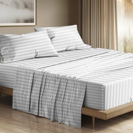 THREAD SPREAD Egyptian Cotton Sheets King Size - 1200 Thread Count 4 PC Damask Sheet Set Egyptian Cotton, Luxury Sheet King Size, Soft, Cooling Deep Pocket Sheets, Fits Upto 19" - White Stripe