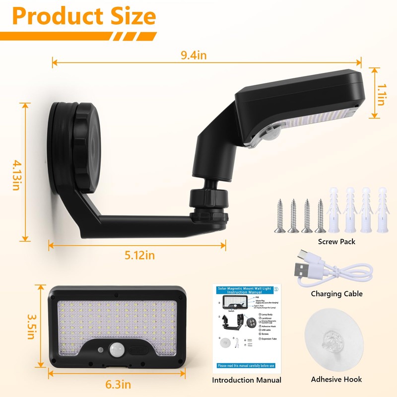 Magnetic Solar Lights Outdoor with Motion Sensor, USB & Solar