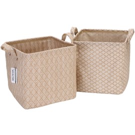 Sea Team Storage Baskets Organizer Box Bins in Cotton Linen Foldable with Hle Decorative for Home Toiletry Stationery Sundries Toys Jewerly Color Beige 27 * 27 * 27CM 2PCS