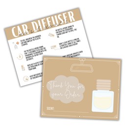 Car Diffuser Care Instruction Cards | 50 pk 4.25x5.5” Postcard Reed Oil Wooden Top Glass Air Freshener Client Package Minimalist Neutral Brown