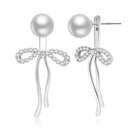 KUMIKUMI Sterling Silver Stud Earrings for Women Hypoallergenic Pearl Silver Studs Bow Cubic Zirconia Stud Earrings for Women Gifts