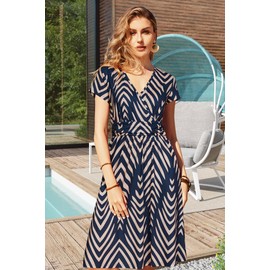 OUGES Women's 2025 Summer Dress Spring Short Sleeve V-Neck with Pockets Casual Floral Dresses Sundresses for Women (Apricot Navy Print,XL)