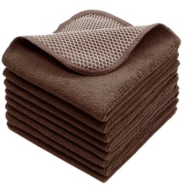 Microfiber Dish Cloths Fast Drying Kitchen Cleaning Cloth Dish Rags Dust Cloths Ultra Absorbent Lint Free Washcloths with Poly Scrub Side 12inch x 12inch 8 Pack (Brown)