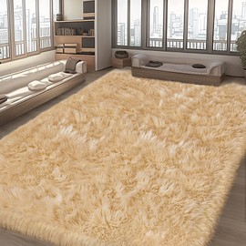 Tangsoo 6x9 Feet Faux Fur Area Rug, Beige Living Room Rugs Faux Sheepskin Fur Rug for Bedroom, Fluffy Washable Rug Large Rug for Plush Rug Fuzzy Floor Rug Home Decor Rectangle