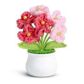 Crochet Flowers Cute Potted Flower, Artifical Forget Me Not Flowers for Friends, Gift for Birthday, Graduation, Mother's Day, Decor for Car Dashboard, Home Office Decoration (Pink Gradient Myosotis)