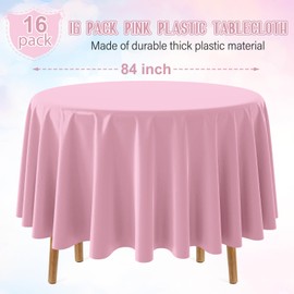 16 Pack Light Pink Plastic Tablecloth for Round Tables, Premium Decorative Pink Disposable Table Cloths for Parties, Bulk Round Party Table Cover for Birthday Wedding Anniversary Graduation, 84 Inch