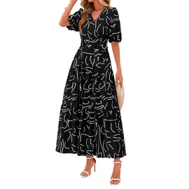 PRETTYGARDEN Women's Summer Maxi Dress 2025 Resort Wear Boho Floral V Neck Puff Short Sleeve Ruffle Flowy Beach Long Dresses(Floral Black,Medium)