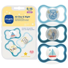 MAM Air Night & Day - Chupete de bebé para piel sensible, brilla en la oscuridad, paquete de 3, 6-16 meses, niño