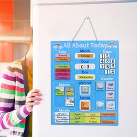 Navaris Kids Magnetic Calendar - Early Years Learning - Weather, Date, Month, Day, Season Educational Chart for Children - Kids Wall Board - Blue