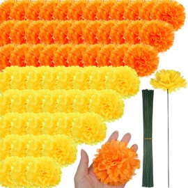 100 Pack Artificial Marigold Flower with Stems Mexican False Flowers Cinco De Mayo DIY Marigold Garlands for Dia De Los Muertos Fiesta Party Traditional Decorations(Orange, Yellow)