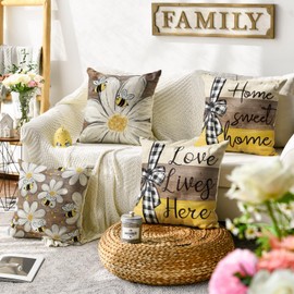 AVOIN colorlife Home Sweet Home Bee Daisy Throw Pillow Covers, 20 x 20 Inch Love Lives Here Spring Summer Stripes Polka Dots Cushion Case for Sofa Couch Set of 4