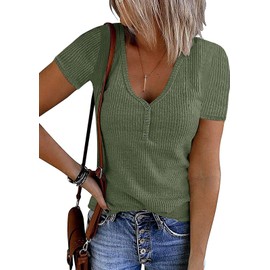 MEROKEETY Women's Summer Short Sleeve V Neck T Shirts Casual Ribbed Button Henley Knit Tops Blouse, Green, L
