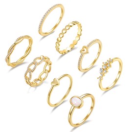 PLOMFOV 14K Gold/Silver Plate Stacking Rings Set for Women CZ Heart Simple Cute Stackable Rings Dainty Trendy Gold Statement Rings Plain Band Size 4-11 Gold 8