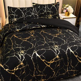 Holawakaka Gold Metallic Marble Comforter Set King Size Foil Print Glitter Bedding Sets,Black/Gold,King
