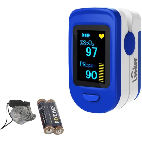 LOOKEE Fingertip Pulse Oximeter | Blood Oxygen Saturation Monitor with Plethysmograph Waveform and Pulse Graph | Finger SpO2 Heart Rate Tracker | 2-Color OLED Display, Batteries and Lanyard Included