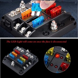 6 Way 12v Fuse Blocks, Waterproof Marine Fuse Block, Universal Fuse Box with LED Warning Indicator Damp-Proof Cover, 6 Circuits with Negative Bus Fuse Holder for Golf Cart RV Truck DC 12-24V