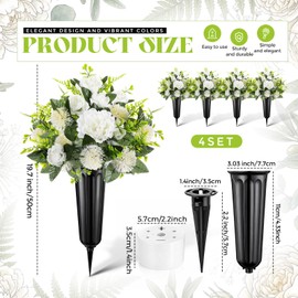 Quzzil 4 Set 8 Pcs Artificial Cemetery Peony Flowers with Vase for Grave White Artificial Peony Bouquet Memorial Day Father's Day Funeral Gravesite Flowers for Outdoor Cemetery Headstones Lawn Yard