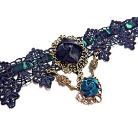 Green & Black Lace Rose Choker Necklace Teal Gothic Victorian Steampunk Collar
