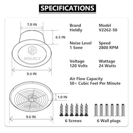 V2262-50 7 Inch Bathroom Exhaust Fan, 50 CFM, 1.0 Sones, 7" Ceiling Exhaust Fan, for 8 Inch Diameter Rough-in Opening, Ideal Ventilation for Bathroom, Laundry Room, Mobile Home, Kitchen & Garage