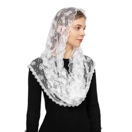 Wgior Embroidered Lace Chapel Veil Infinity Mantilla Veils Catholic Church veil Latin Mass Head Covering Scarf (White)