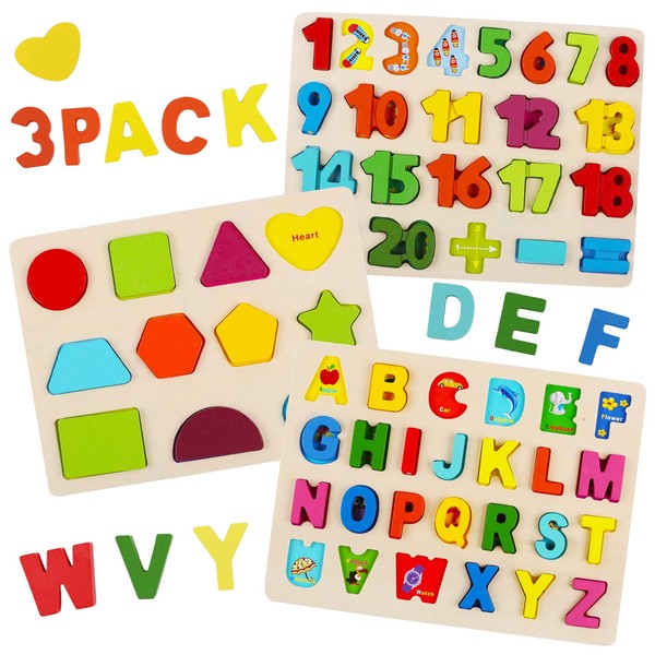 Wooden Puzzles for Toddlers - Wood Alphabet Number Shape Learning Puzzle for Kids Ages 2 3 4 5 - Boys Girls Preschool Educational Toys Gift