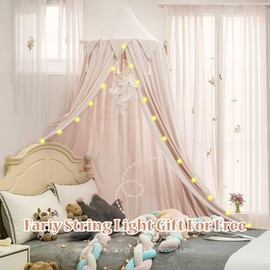 Hommi Lovvi Princess Bed Canopy for Girls, Dreamy Tassels Ceiling Canopy Net Kids Room Decor Soft Nursery Crib Canopy Reading Nook, Large Children Canopies Full Queen Size with Lights - Light Pink