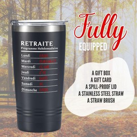 Retirement Gifts for Women/Men in French 2024, Retirement Weekly Schedule French, Cadeaux de Retraite, Insulated 20oz Stainless Steel Travel Tumbler with Lid, Gift Box Included, Black