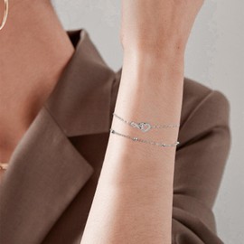 Micory Women's Bracelet 925 Sterling Silver with Heart Zirconia Bracelets Women's Adjustable Bracelet Valentine's Day Mother's Day Birthday Christmas Gift for Her Women Girlfriend, Silver, Cubic