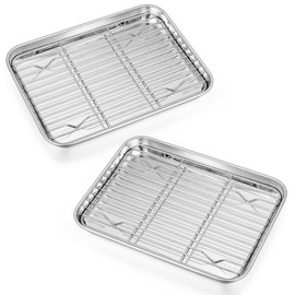 P&P CHEF 9 Inch Toaster Oven Pans with Racks, 4 Pieces Stainless Steel Oven Tray Baking Pan Sheet and Cooling Rack for Oven Cooking Roasting, Non Toxic & Dishwasher Safe
