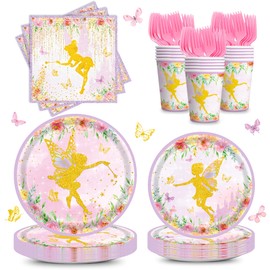 120Pcs Fairy Birthday Party Supplies Plates Napkins Cups Forks Party Tableware Birthday Baby Shower Party Decorations Severs 24 Guests