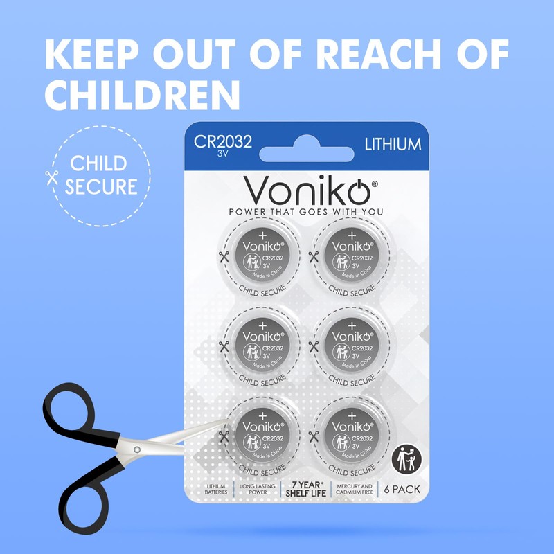 Voniko CR2032 3V Lithium Batteries 10 Pack for Child Safety,