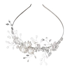 Lurrose Wedding Bride Rhinestone Headband Insert Flower Crystal Pearl Headband Bridal Headpieces Hair Accessory for Lady Party Decor