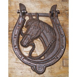 Cast Iron Antique Style Rustic Horse Head Door Knocker Western Cowboy Horseshoe - Durable Decorative Vintage Decor