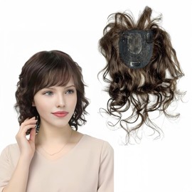 AYunhe Curly Wavy Human Hair Topper for Women Clip in Human Hairpieces with 3D Bangs Fringe Hair Extensions 35cm Mid Part Hair Toupee (Brown)