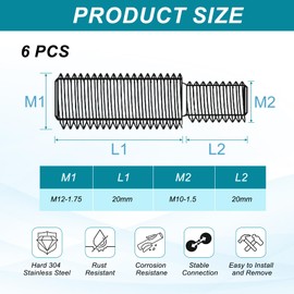 PATIKIL M10x20 to M12x20 Double End Threaded Stud Screw Bolt, 6 Pack 304 Stainless Steel Rod Bolts Thread Reducer Adapter for Furniture Hardware, 40mm Long