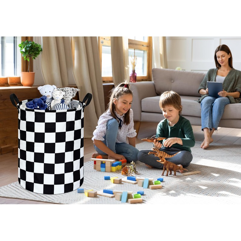 19.7 Inch Round Laundry Hamper Black Check Laundry Basket Fabric
