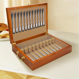 Wooden Silverware Storage Box with Lid, Silverware Organizer with Handle and Felt Lined, Silverware Storage Chest for Flatware and Utensils Home Decor Gift, Chest for Flatware Setting Up 15