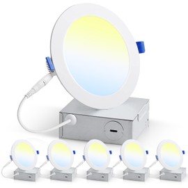 6 Inch LED Recessed Light with Junction Box with 5 CCT Selectable 2700K/3000K/3500K/4000K/5000K With Adjustable Watts and Lumens 9W-700LM/12W-900LM/15W-1000LM -Edge-lit technology, I.C. rated, 6-Pack