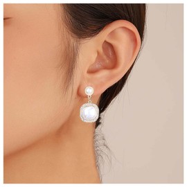 Inilbran Boho Crystal Pearl Earrings Gold Rhinestone Pearl Dangle Earrings Vintage Square Pearl Studs Earrings Bling Cz Crystal Pearl Drop Earrings Jewelry for Women and Girls