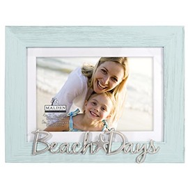 Malden International Designs 4x6 or 5x7 Beach Days Turquoise Picture Frame Silver Finish With Starfish Icon Word Attachment Textured Wood Grain Finish MDF Frame White Beveled Mat