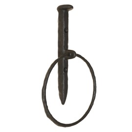 Rustic State Fred Wall Mount Railroad Spike Industrial Design Cast Iron Towel Ring with Hammered Effect Texture for Bathroom and Kitchen - Hand Towel Holder Hanger Rack - Black