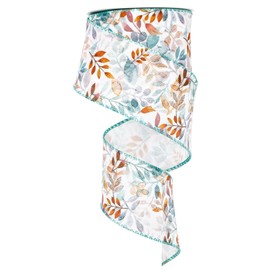 JarThenaAMCS Fall Wired Edge Ribbon Orange Blue Autumn Leaves Fabric Ribbon Watercolor Boho Leaf Craft Ribbon for Thanksgiving Farmhouse Wreath Bow Making Gift Wrapping, 12 Yard