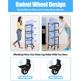 5 Gallon Water Jug Holder, Moveable 4 Tier Heavy Duty Water Rack with 4 Wheels, Rack for Water Jug Storage, Space Saving Water Stand for Four 5 Gallon Water Jugs, Black