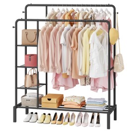 JOISCOPE 47'' * 65'' Heavy Duty Clothes Rack, Double Rods Clothing Racks for Hanging Clothes, Garment Rack with 4 Tier Closet Shelves & 4 Hooks for Clothing Storage, Metal Black Clothing Rack