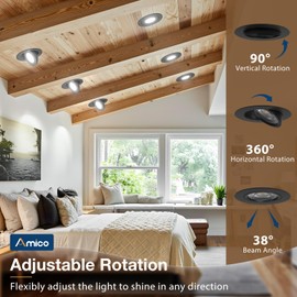 Amico 12 Pack 4 Inch 5CCT Gimbal LED Recessed Lighting, 360°&90°Adjustable Eyeball Directional Downlight, Dimmable, 2700K/3000K/3500K/4000K/5000K Selectable, 9W 700LM CRI90+, Black, ETL&FCC