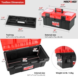 MAXPOWER 17 inch Tool Box, Small Plastic Toolbox with Handle, Removable Tray and Lockable Latches