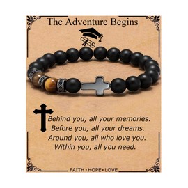 QWNHONEY Graduation Bracelets for Him Son Class of 2025 Christian Religous Black Tiger Eyes Beads Inspirational Gift for Man The Adventure Begins